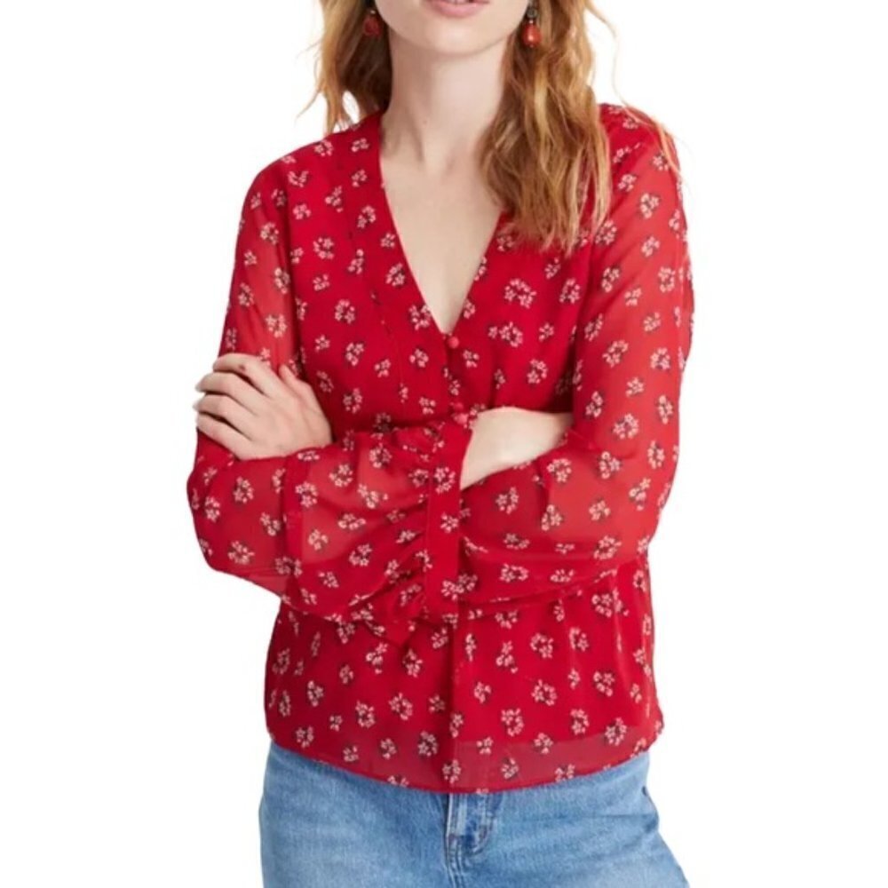 NEW Madewell V neck Peplum Top Little Lillies Red Size XS
